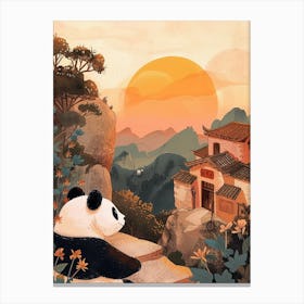 Giant Panda Looking At A Sunset From A Mountaintop Storybook Illustration 4 Canvas Print