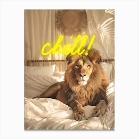 Lion on bed, neon Chill sign Canvas Print