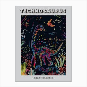 Abstract Neon Line Illustration Brachiosaurus 5 Poster Canvas Print