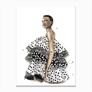 Woman In The Polka Dots Dress Black & White Canvas Print