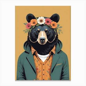 Floral Black Bear Portrait In A Suit (25) Canvas Print