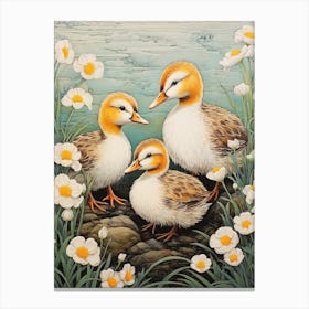 Duck & Duckling In The Flowers Japanese Woodblock Style 5 Canvas Print
