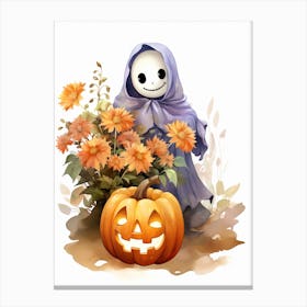 Cute Ghost With Pumpkins Halloween Watercolour 44 Canvas Print