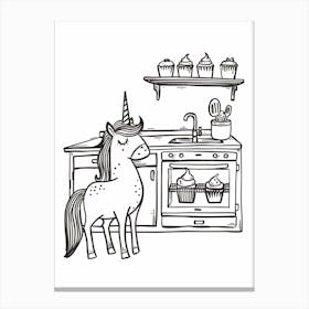Unicorn Making Cupcakes Black & White Illustration Canvas Print