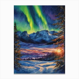 The Northern Lights - Aurora Borealis Rainbow Winter Snow Scene of Lapland Iceland Finland Norway Sweden Forest Lake Watercolor Beautiful Celestial Artwork for Home Gallery Wall Magical Etheral Dreamy Traditional Christmas Greeting Card Painting of Heavenly Fairylights 8 Canvas Print