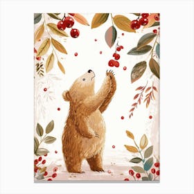 Sloth Bear Standing And Reaching For Berries Storybook Illustration 4 Canvas Print