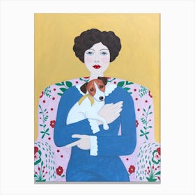 Woman And Jack Russell On Armchair Canvas Print