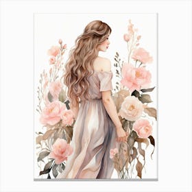 Watercolor Girl With Roses Canvas Print