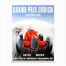 1939 Zurich Grand Prix Racing Poster Canvas Print