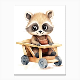 Baby Raccoon On A Toy Car, Watercolour Nursery 2 Canvas Print