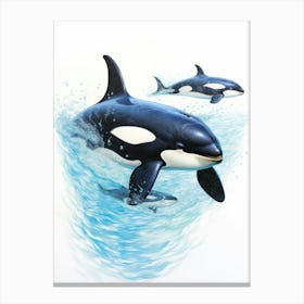 Blue Realistic Illustration Of Three Orca Whales Canvas Print