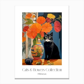 Cats & Flowers Collection Hibiscus Flower Vase And A Cat, A Painting In The Style Of Matisse 1 Canvas Print