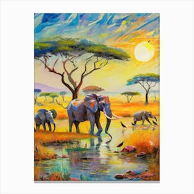 Elephants At The Waterhole Canvas Print