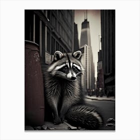 Raccoon In City Vintage Canvas Print