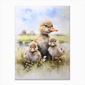 Ducklings & Mother Watercolour 5 Canvas Print