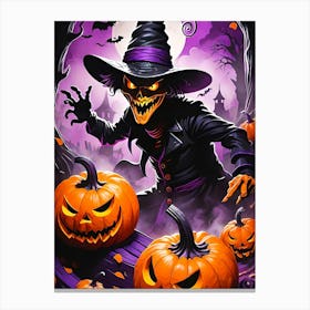 Halloween Witch With Pumpkins Canvas Print