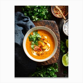 Autumn Pumpkin Curry Soup Steaming In A Rustic Ceramic Bowl Surrounded By An Array Of Vividly Spice (6) Canvas Print