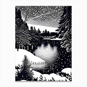 Snowflakes Falling By A Lake, Snowflakes, Linocut 1 Canvas Print