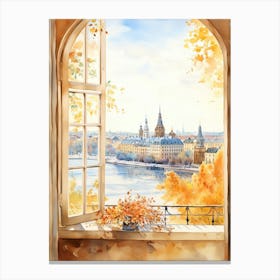 Window View Of Stockholm Sweden In Autumn Fall, Watercolour 4 Canvas Print