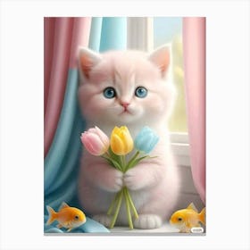 Cute Kitten With Flowers Canvas Print