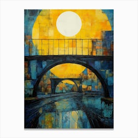 Blue Bridge with Sun I, Modern Vibrant Colorful Painting in Oil Style Canvas Print