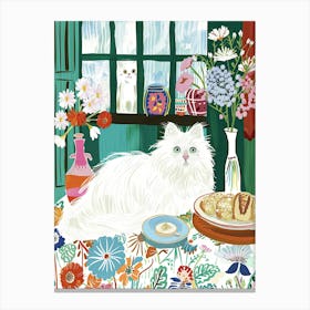 Tea Time With A White Fluffy Cat 2 Canvas Print