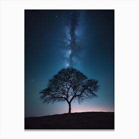 Lone Tree In The Night Sky, dawn across milky way Canvas Print