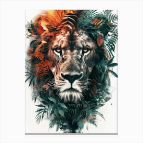 Double Exposure Realistic Lion With Jungle 22 Canvas Print