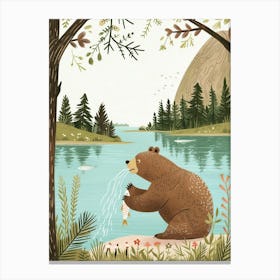 Brown Bear Catching Fish In A Tranquil Lake Storybook Illustration 2 Canvas Print