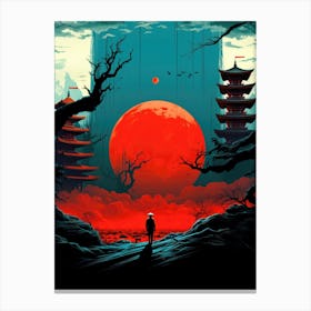 Asian Landscape with a Red Full Moon and Pagoda Canvas Print