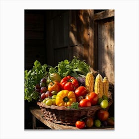 Assorted Vegetables And Fruits From A Fresh Farm Harvest Arranged In A Rustic Wicker Basket Overfl (1) 2 Canvas Print