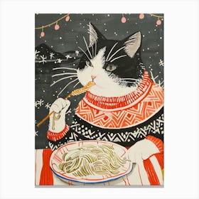 Black And White Cat Eating Pizza Folk Illustration 5 Canvas Print