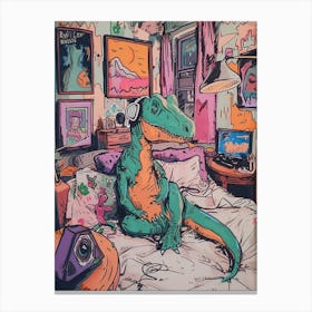 Dinosaur Listening To Music In Their Bedroom Pastel Illustration Canvas Print