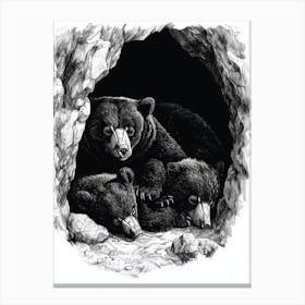 Malayan Sun Bear Family Sleeping In A Cave Ink Illustration 4 Canvas Print