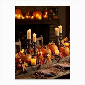 Autumn Table Decoration Cascading Leaves Of Warm Hues Rest Atop Smooth Pumpkins With Textured Exter (3) Canvas Print