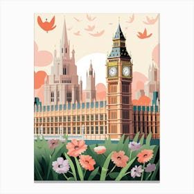 The Palace Of Westminster   London, England   Cute Botanical Illustration Travel 1 Canvas Print