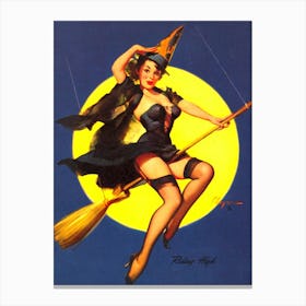 Pinup Girl Riding A Broom On The Big Yellow Moon Canvas Print