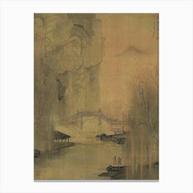 Chinese Painting, An Ancient Chinese Garden With Willow Trees And Wooden Bridges Over Small Streams In The Background, Depicting Figures Walking Along Them Stampe su tela