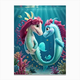 3d Animation Style Marmaid And Seahorse Friendship And Courage 0 Canvas Print