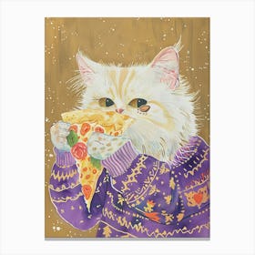 White Cat Pizza Lover Folk Illustration 3 Canvas Print