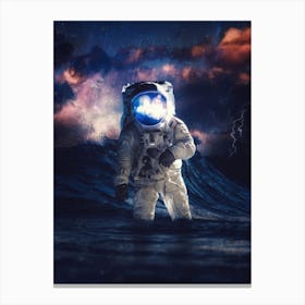 Astronaut By Wave And Thunderstorm Canvas Print