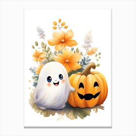 Cute Ghost With Pumpkins Halloween Watercolour 103 Canvas Print