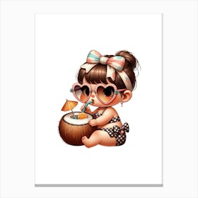 Little Girl Drinking A Coconut Canvas Print