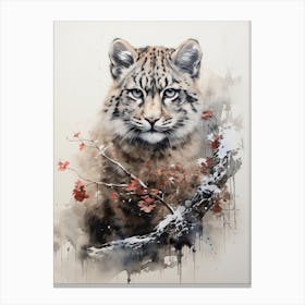 Snow Leopard, Japanese Brush Painting, Ukiyo E, Minimal 1 Canvas Print