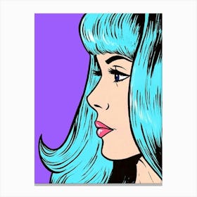 Pop Art Girl Face With Bright Blue Hair Canvas Print