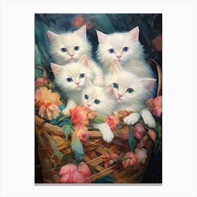 White Kittens In A Basket Kitsch 2 Canvas Print