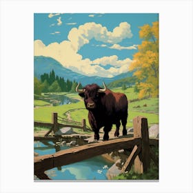 Brown Bull Crossing The Bridge With The Blue Sky Canvas Print