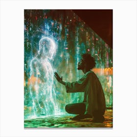 Afro-futuristic man praying to hologram Sci Fi futuristic Canvas Print
