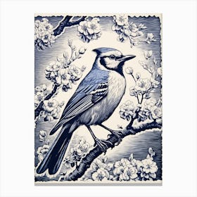 Vintage Bird Linocut Blue Jay 10 Canvas Print
