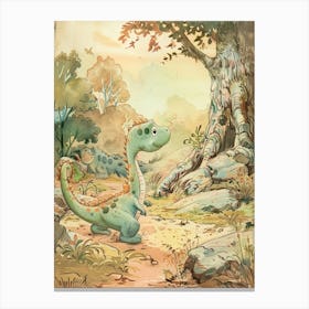Cute Dinosaur In The Wood Storybook Style Canvas Print